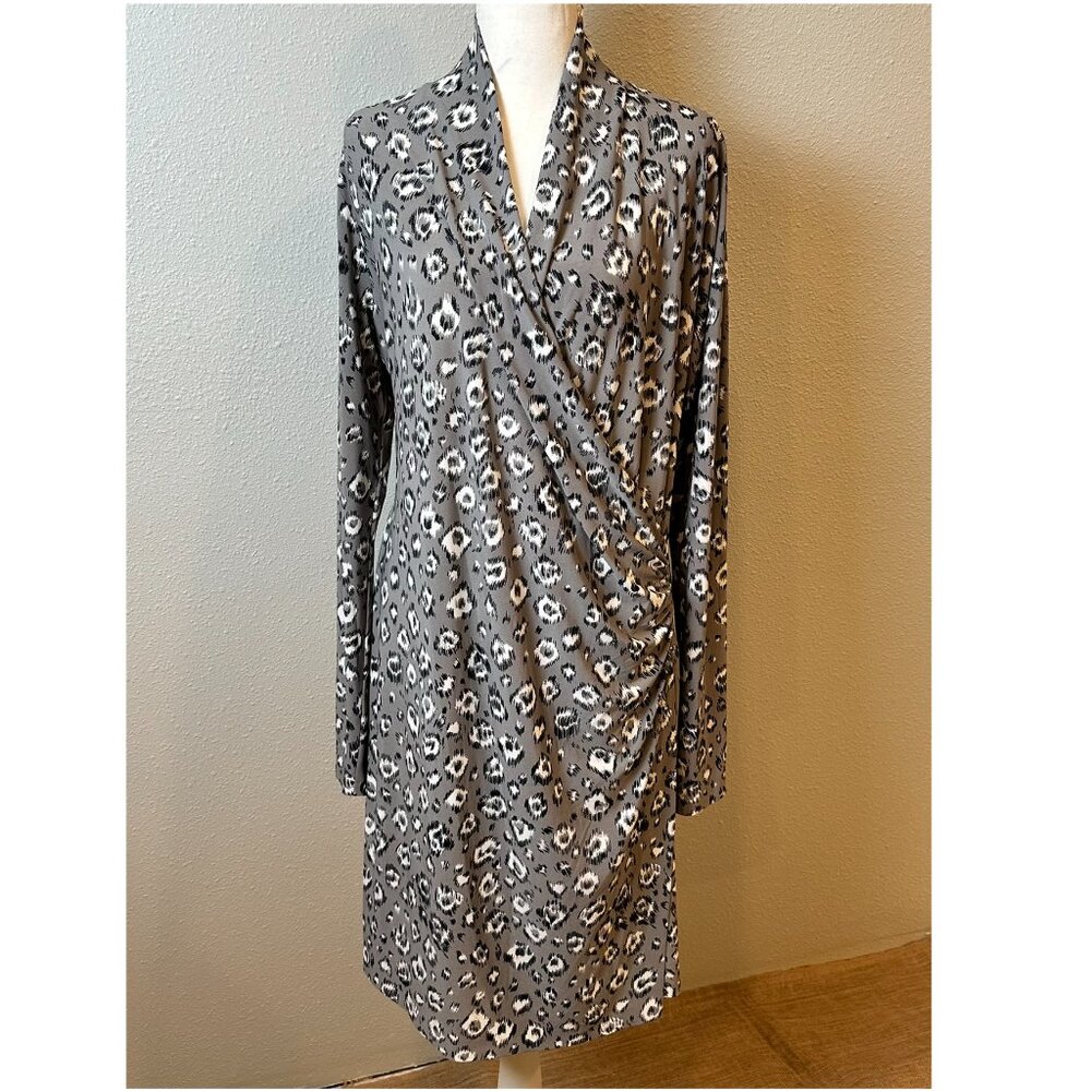 Norma Kamali Gray Leopard Print Faux Wrap Dress XL Long Sleeve Shirred Ruched